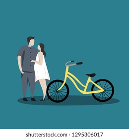 Couple in love with cute cartoon and bicycle character vector illustration
