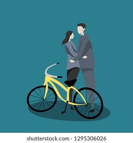 Couple in love with cute cartoon and bike character vector illustration
