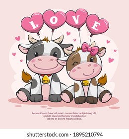 Couple Love Of Cute Cow With Heart Balloons, Animal Valentine, Cartoon Illustration