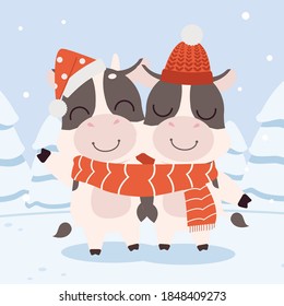 The couple love of cute cow wear a big scarf in flat vector style. illustation about christmas and holiday for banner, greeting card.