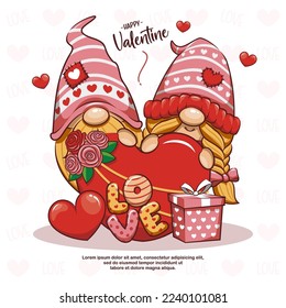 Couple Love Of Cute Gnome With Gift Box. Valentine Greeting Card Design, Cartoon Illustration