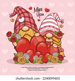 Pareja De Amor De Gnome Cuto Con Corazón De Amor, Ilustración De Caricatura De San Valentín