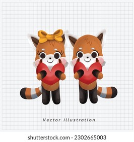 couple love. Cute kawaii of 2 Red Panda Holding Love Heart. Romance.Sweet.Hug.Animal character cartoon illustration