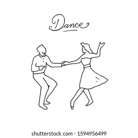 Couple in love dancing and having fun, hand drawn outline illustration. Two human female and male dance together sketch with text.