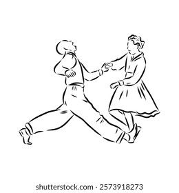 Couple in love dancing and having fun, hand drawn outline illustration. swing dance. vector