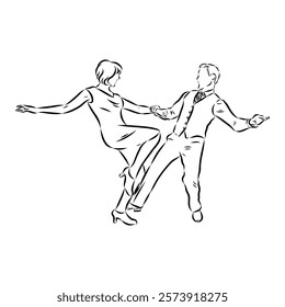 Couple in love dancing and having fun, hand drawn outline illustration. swing dance. vector