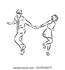 Couple in love dancing and having fun, hand drawn outline illustration. swing dance. vector