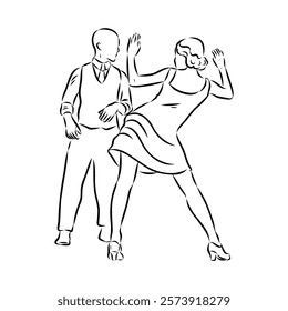 Couple in love dancing and having fun, hand drawn outline illustration. swing dance. vector