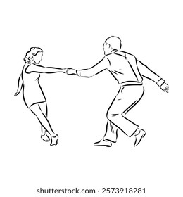 Couple in love dancing and having fun, hand drawn outline illustration. swing dance. vector