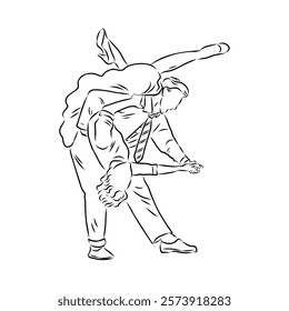 Couple in love dancing and having fun, hand drawn outline illustration. swing dance. vector