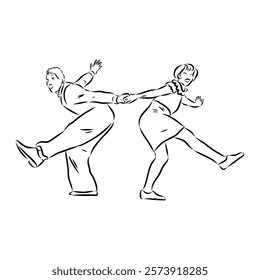 Couple in love dancing and having fun, hand drawn outline illustration. swing dance. vector