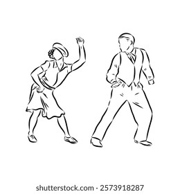 Couple in love dancing and having fun, hand drawn outline illustration. swing dance. vector