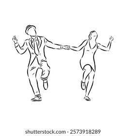 Couple in love dancing and having fun, hand drawn outline illustration. swing dance. vector