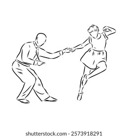 Couple in love dancing and having fun, hand drawn outline illustration. swing dance. vector