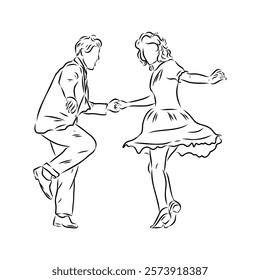 Couple in love dancing and having fun, hand drawn outline illustration. swing dance. vector