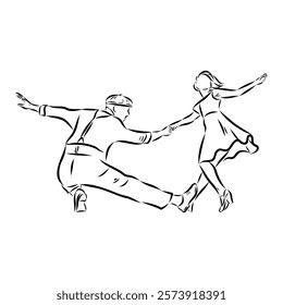 Couple in love dancing and having fun, hand drawn outline illustration. swing dance. vector