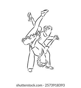 Couple in love dancing and having fun, hand drawn outline illustration. swing dance. vector