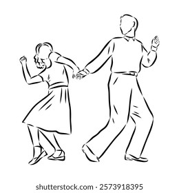 Couple in love dancing and having fun, hand drawn outline illustration. swing dance. vector