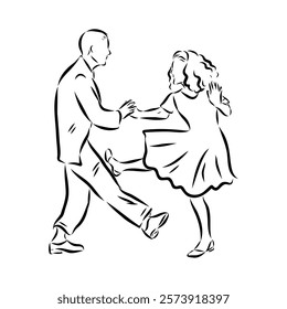 Couple in love dancing and having fun, hand drawn outline illustration. swing dance. vector