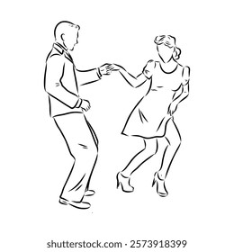 Couple in love dancing and having fun, hand drawn outline illustration. swing dance. vector