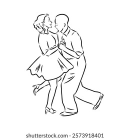 Couple in love dancing and having fun, hand drawn outline illustration. swing dance. vector