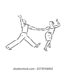 Couple in love dancing and having fun, hand drawn outline illustration. swing dance. vector