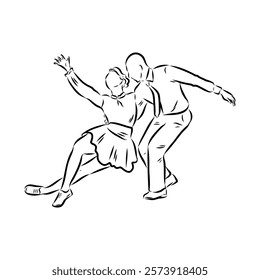 Couple in love dancing and having fun, hand drawn outline illustration. swing dance. vector