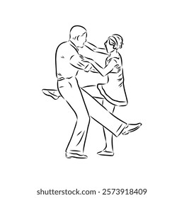 Couple in love dancing and having fun, hand drawn outline illustration. swing dance. vector