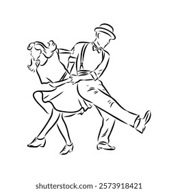 Couple in love dancing and having fun, hand drawn outline illustration. swing dance. vector