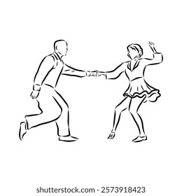 Couple in love dancing and having fun, hand drawn outline illustration. swing dance. vector