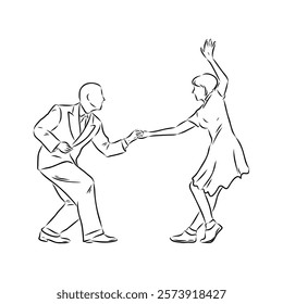 Couple in love dancing and having fun, hand drawn outline illustration. swing dance. vector