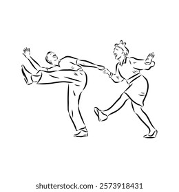 Couple in love dancing and having fun, hand drawn outline illustration. swing dance. vector