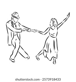 Couple in love dancing and having fun, hand drawn outline illustration. swing dance. vector