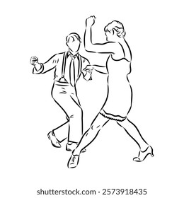 Couple in love dancing and having fun, hand drawn outline illustration. swing dance. vector