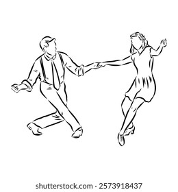 Couple in love dancing and having fun, hand drawn outline illustration. swing dance. vector