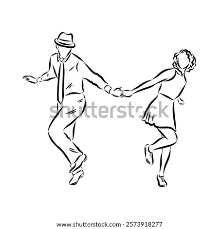 Couple in love dancing and having fun, hand drawn outline illustration. swing dance. vector