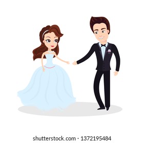 Couple in love dancing on ceremony, partying and celebration of engagement. Wedding planning vector, bride in dress and groom in tuxedo isolated cartoon characters