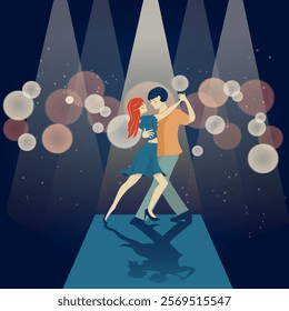 couple in love dancing at a party spotlight and light spots on the background vector