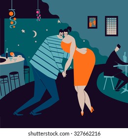 Couple in love dancing tango in the cafe.