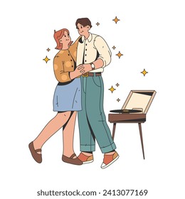 Couple in love dancing, vector illustration. Lovers dance and listening retro music on vinyl record player. Romantic dating or anniversary celebration. Valentines day holiday.