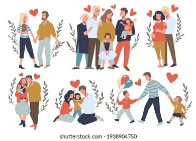 Couple in love dating, wife and husband waiting for child. Pregnant woman with man. Dad and mother with kid on hands. Grandfather and grandmother care for grandchildren. Vector in flat style