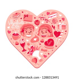 The couple in love is depicted on Valentine card, along with a piece of cake, a bouquet, candies, hearts and gifts in raspberry color