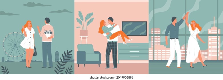 Couple in love design concept with three square compositions of lovers at home in amusement park vector illustration