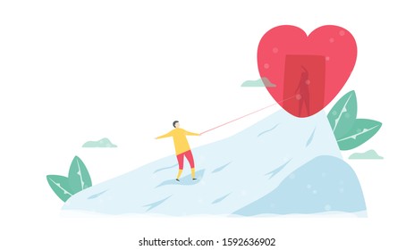 Couple of love designs in winter season. Attraction from a woman to a man. Illustration is in flat style.