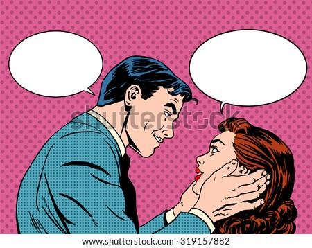 Couple love dialogue. Man and woman talking. Communication, emotions, family psychology. Retro pop art