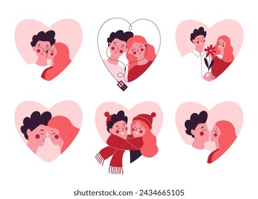 Couple in love in different situations. Young people in love portraits. Romantic date. Valentine's day vector illustration