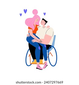 Couple in love: disabled man in a wheelchair and his girlfriend hugging. Vector illustration for February 14.