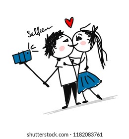 Couple in love do photos with mobile smart phone device using selfie