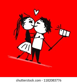 Couple in love do photos with mobile smart phone device using selfie