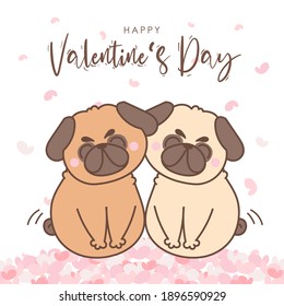 couple love of dog pug with mini heart for valentine's day, hand drawn illustrations, doodle cartoon character.